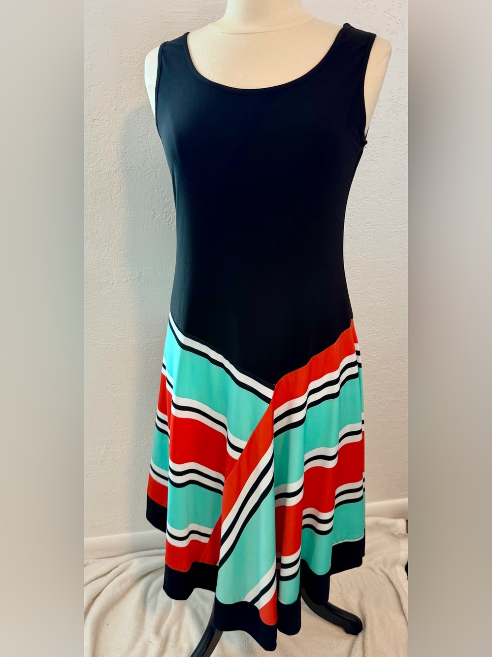 MSK Black Tank Midi Dress with Aqua and Coral Striped Skirt - Picture 2 of 5